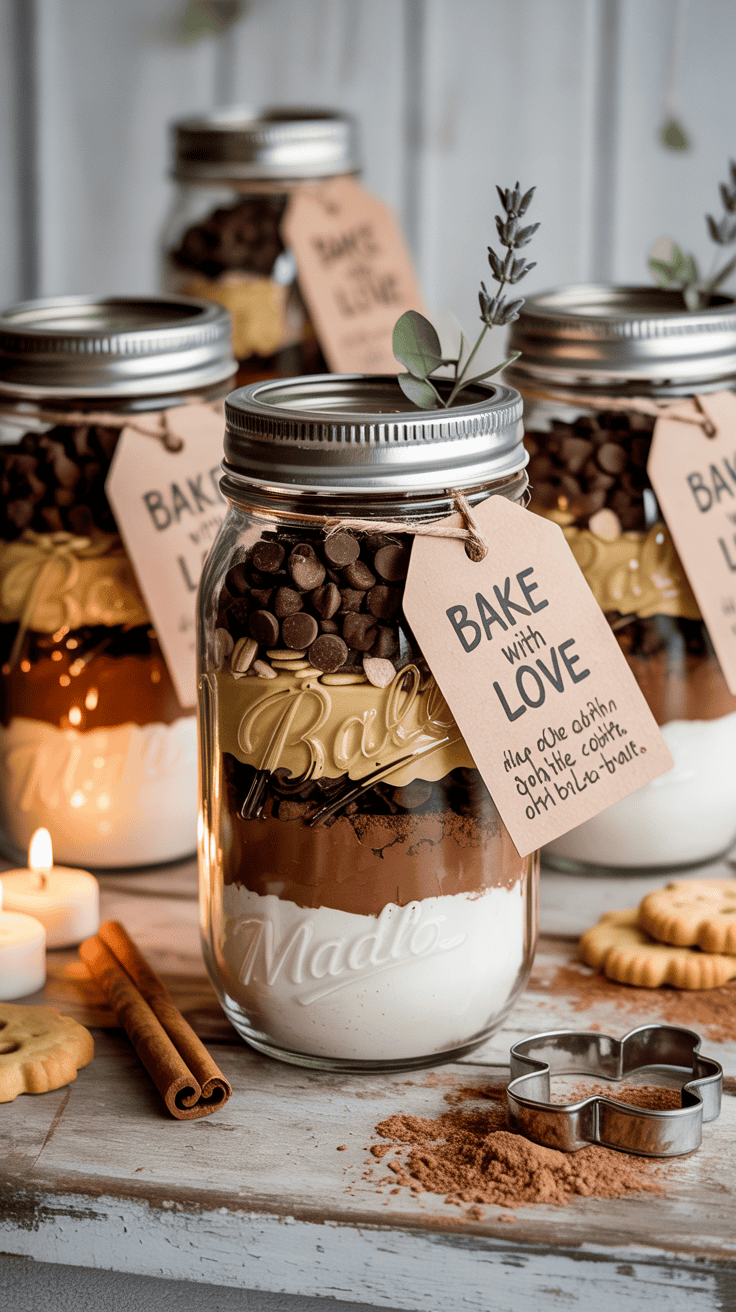 Cookie mix mason jar wedding favors with layered baking ingredients and instruction tags
