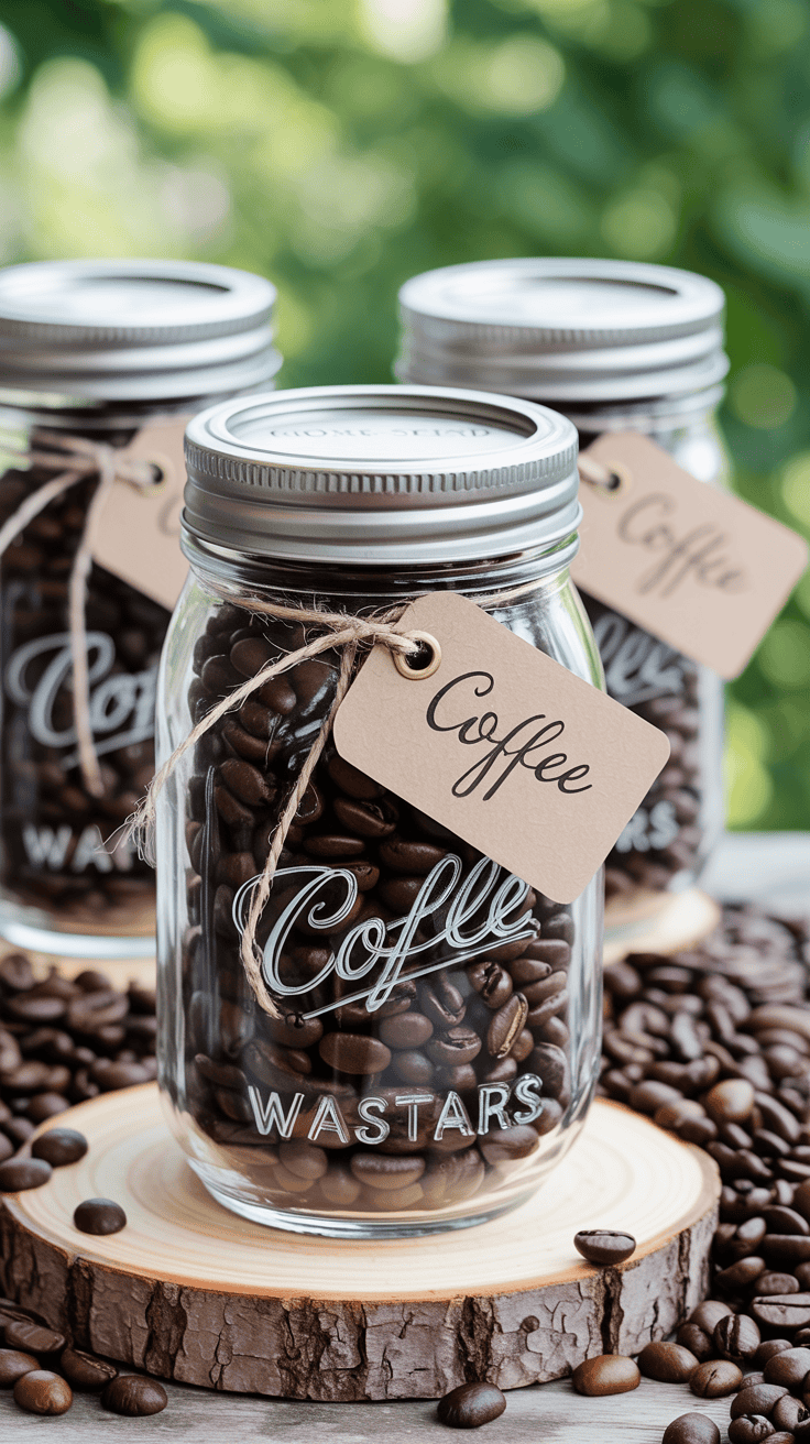 Coffee mason jar wedding favors filled with coffee beans and decorated with kraft tags