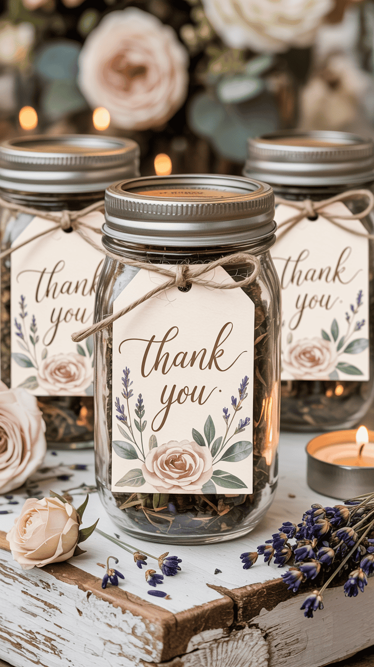 Loose leaf tea mason jar wedding favors with floral tea and cream labels