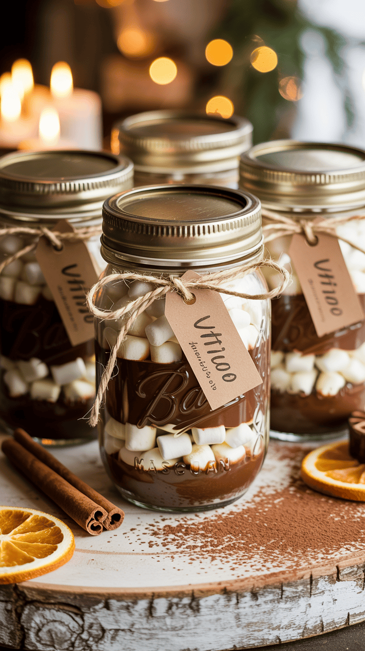 Hot chocolate mix mason jar wedding favors layered with cocoa and marshmallows