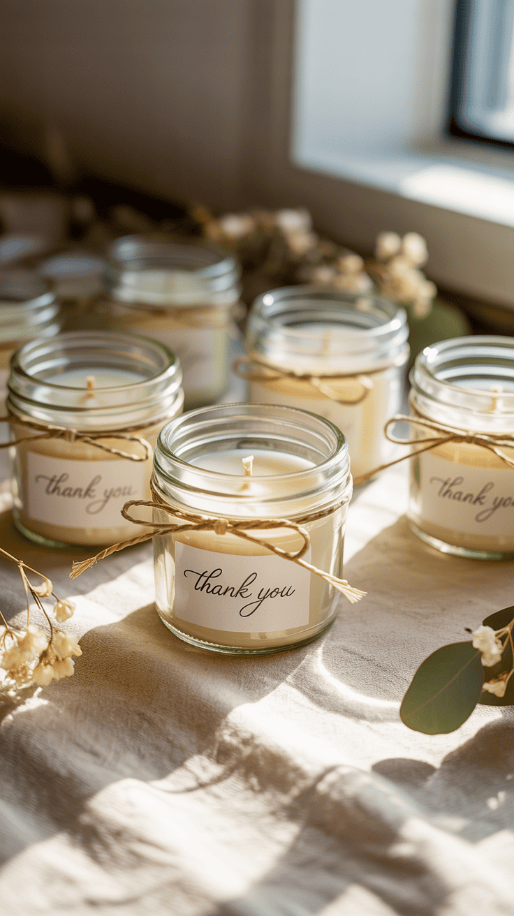 Mini mason jar candle wedding favors with neutral wax and simple personalized labels