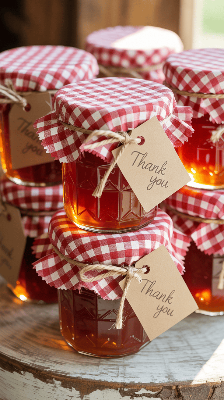 Homemade jam mason jar wedding favors with gingham fabric lids and kraft tags