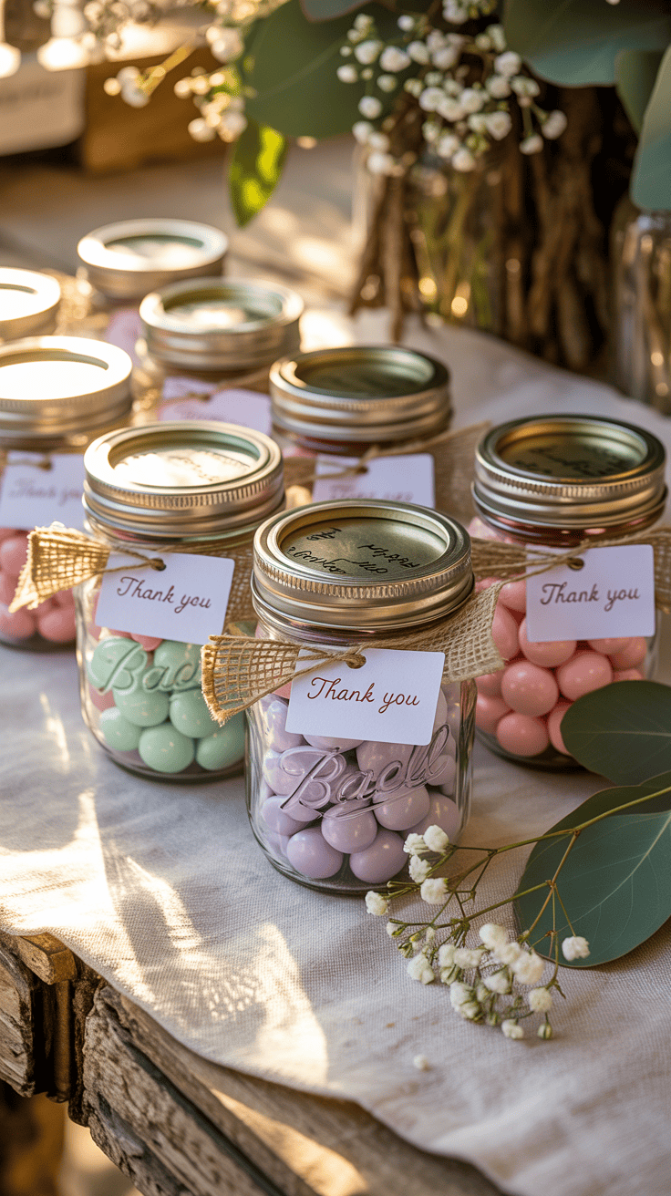 Mason jar wedding favors on a budget filled with color-coordinated sweets