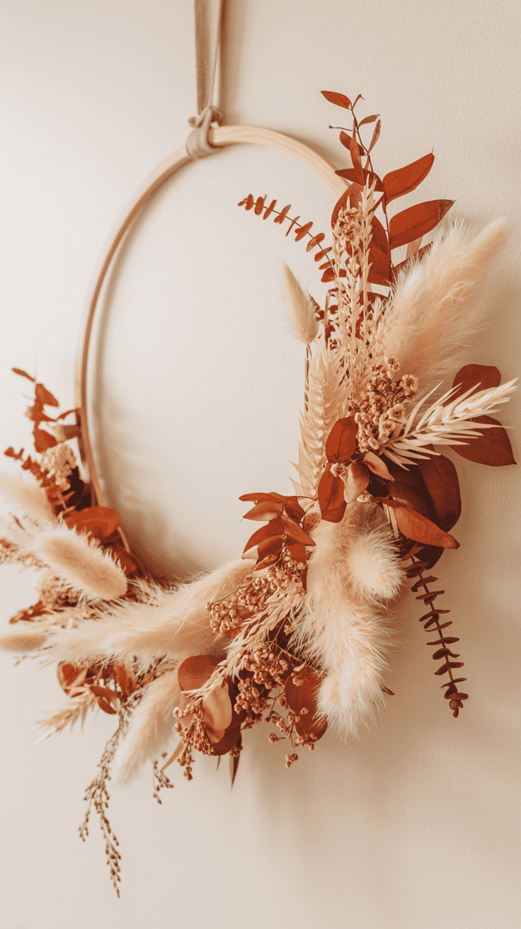 boho fall wreaths with pampas grass on a minimalist hoop