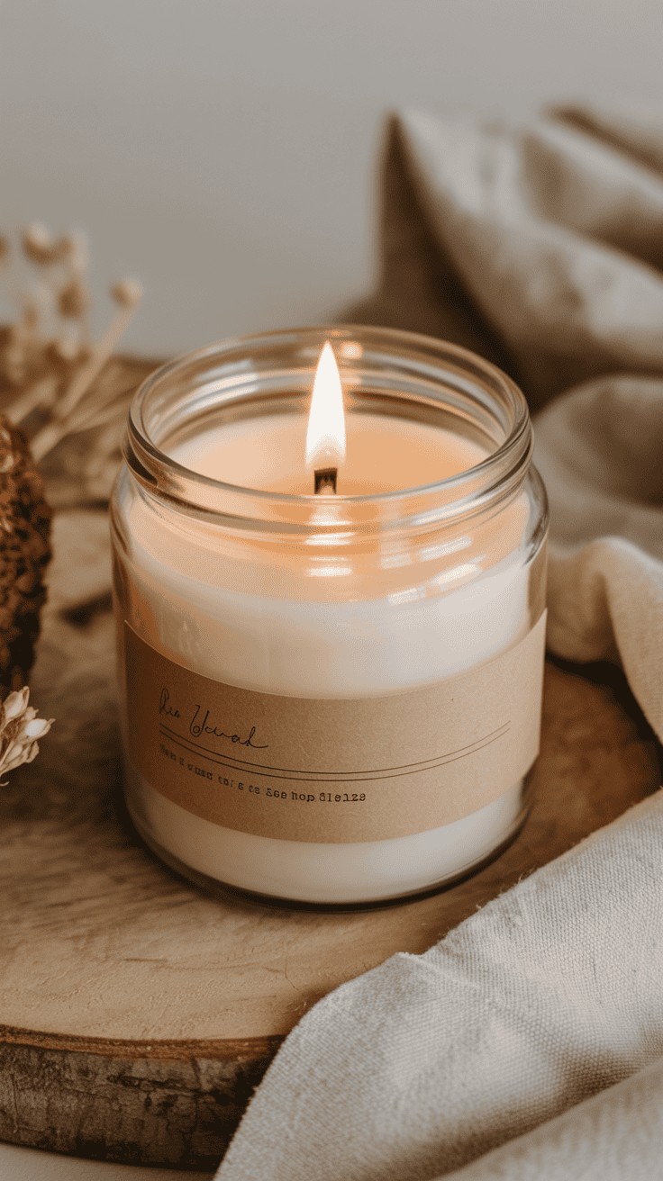 Simple homemade candle in a glass jar with a neutral label