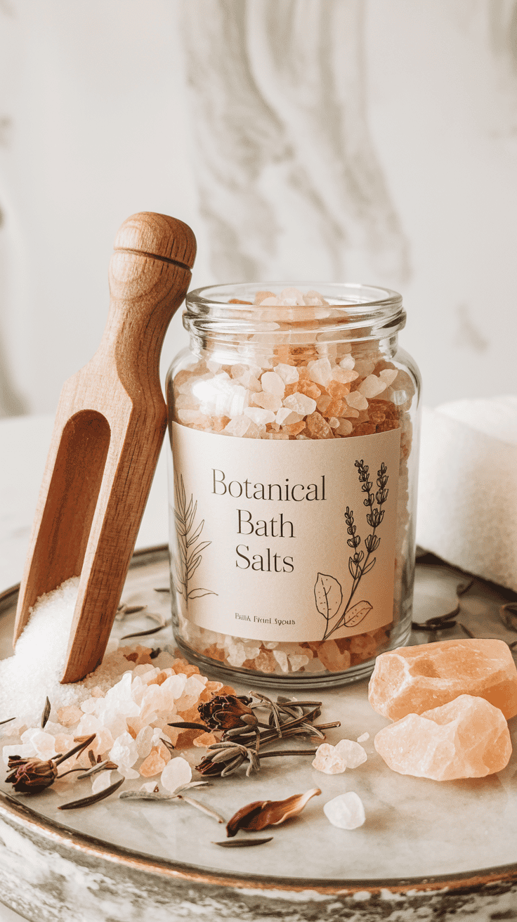 Relaxing bath salt jar with wooden scoop and spa-style label