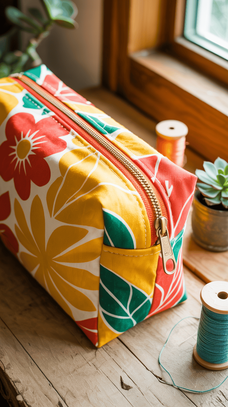 Handmade fabric zipper pouch in a cheerful cotton print