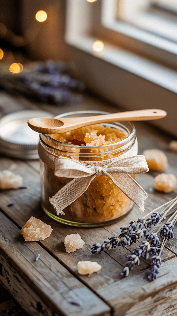 Homemade sugar scrub in a small jar with wooden spoon and ribbon
