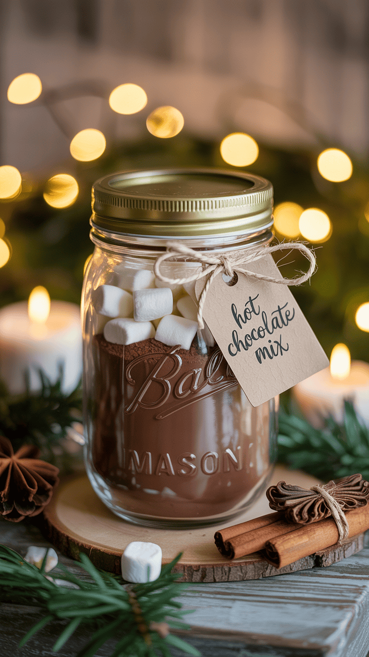 Cozy hot chocolate gift jar with marshmallows, ribbon, and paper tag