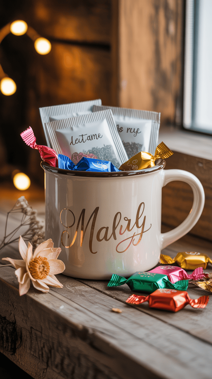 Personalized mug gift filled with tea sachets and wrapped sweets