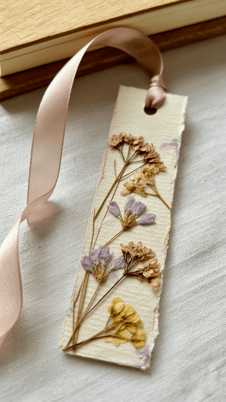 Dried flower bookmark made with paper, pressed flowers, and ribbon