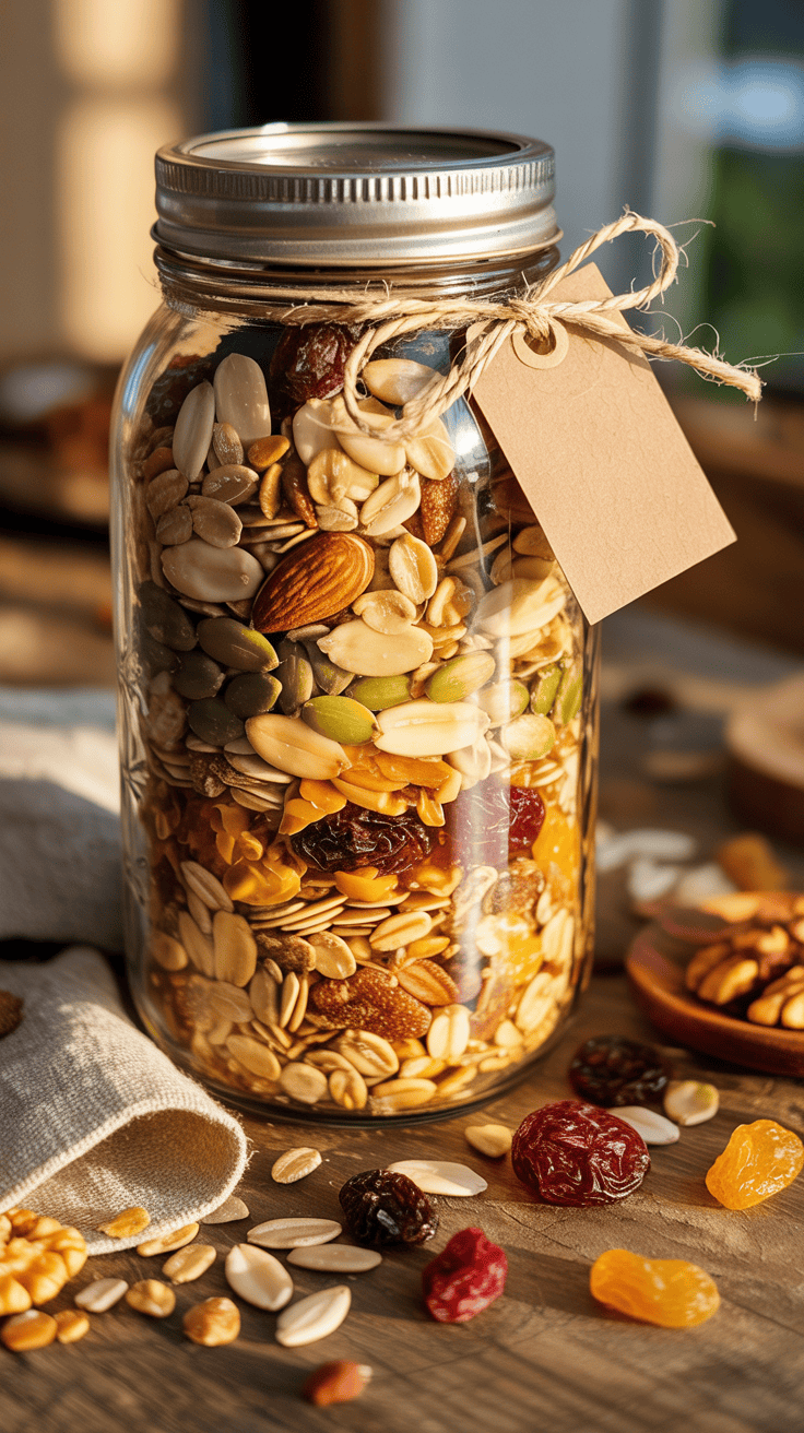 Homemade granola gift in a mason jar with oats, seeds, nuts, and dried fruit