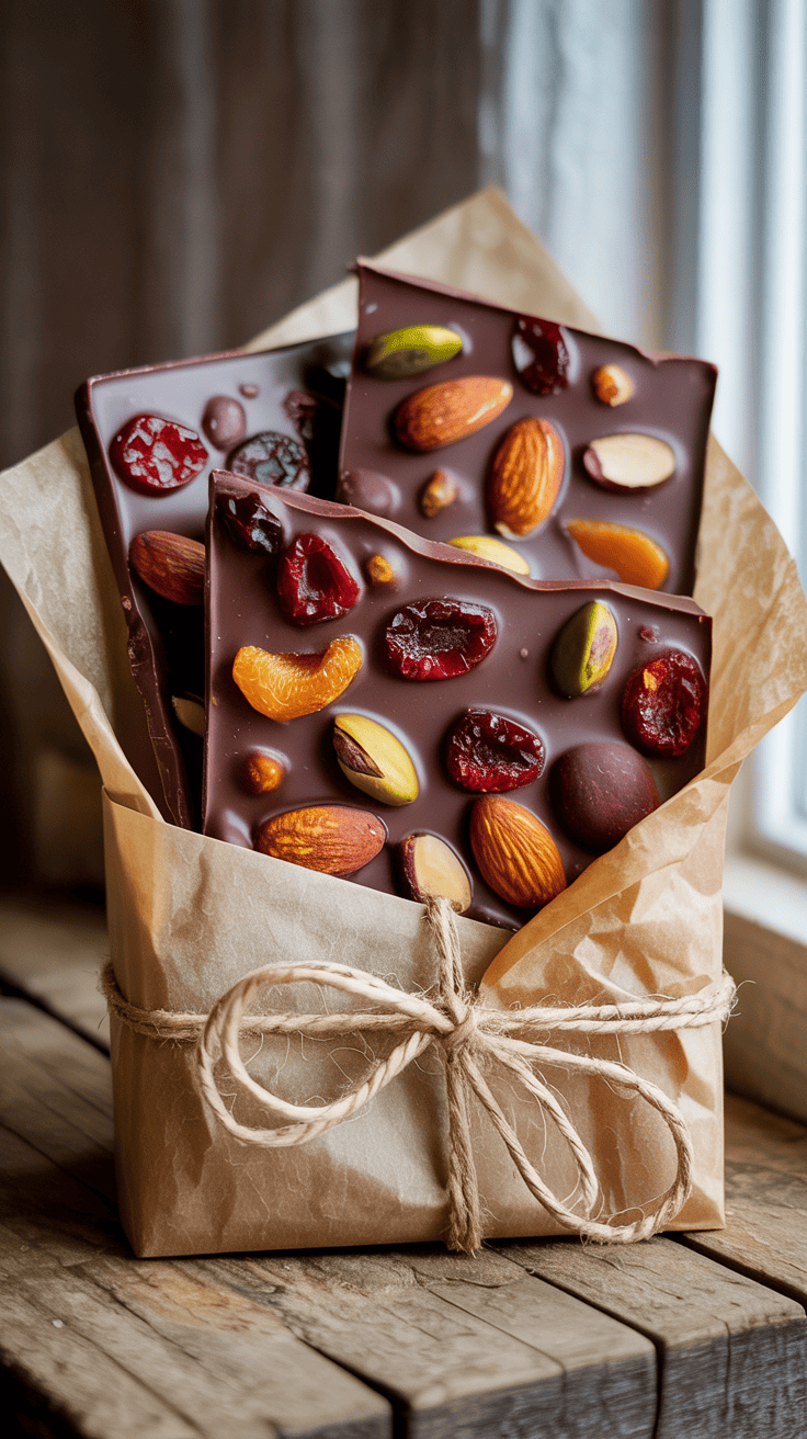 Homemade chocolate bark gift with dried fruit, nuts, and paper packaging