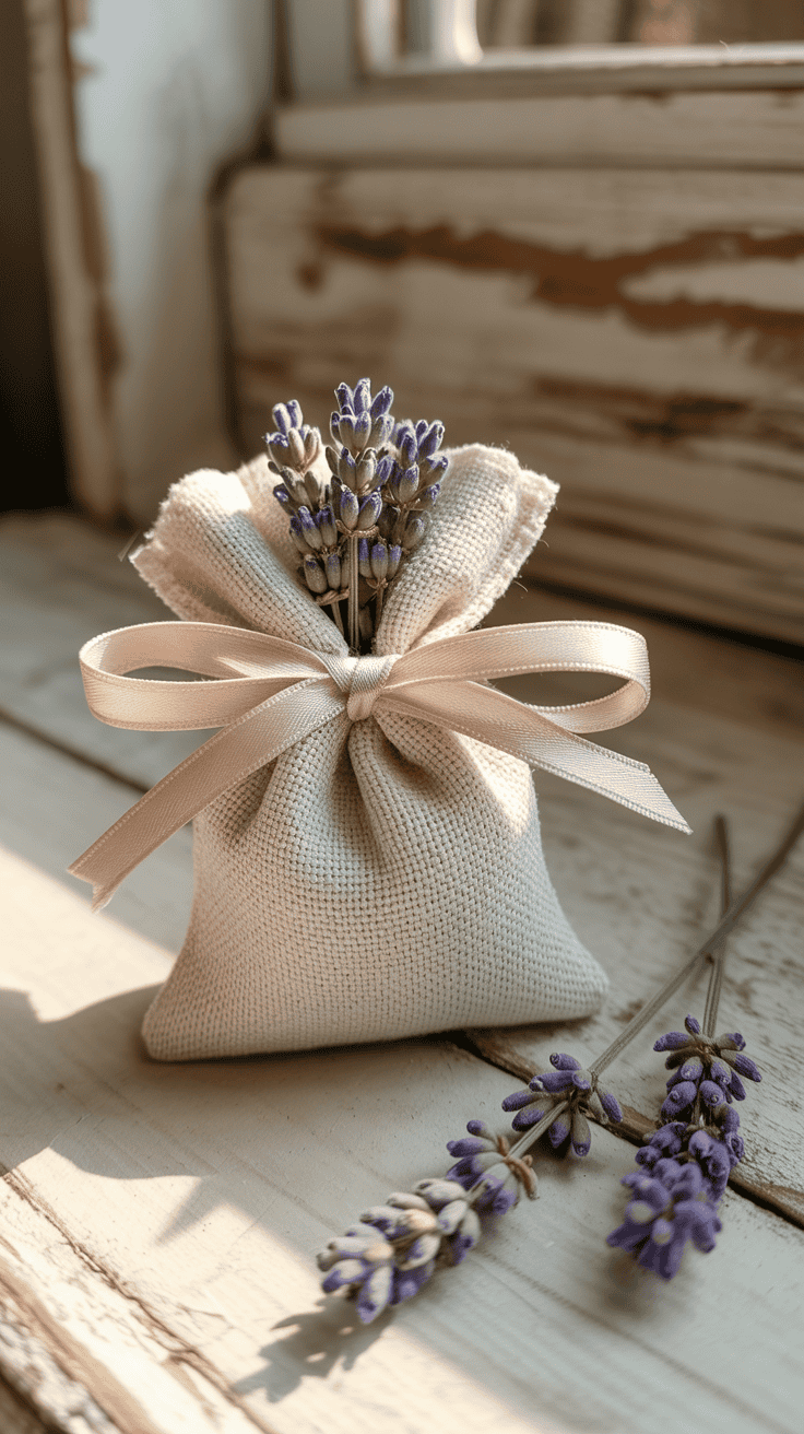 Small fabric lavender sachet tied with ribbon
