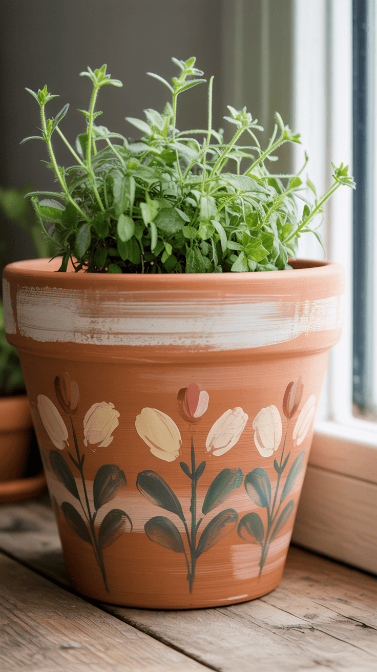Hand-painted terracotta plant pot with small herb
