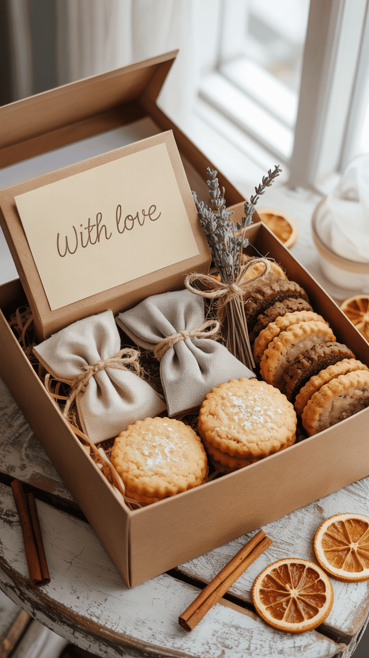 Tea and biscuit gift box with homemade cookies, tea sachets, and handwritten note