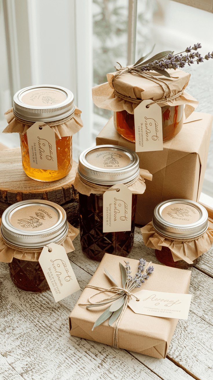 Polished homemade gifts with paper labels, jars, ribbon, and coordinated packaging