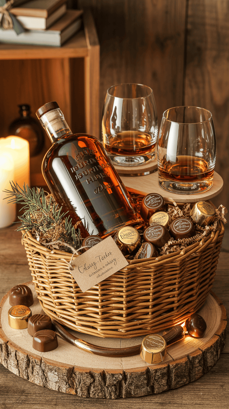 classic bourbon whiskey gift basket with glasses and chocolate