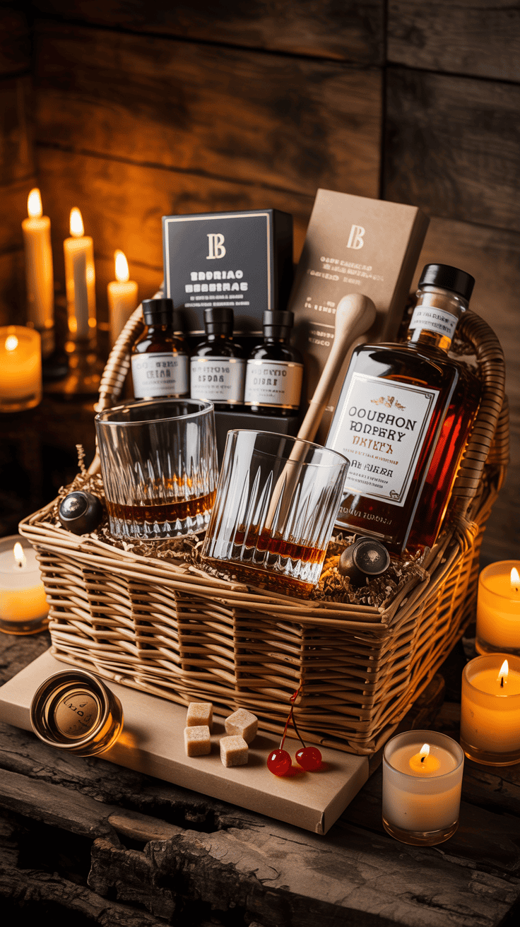 Old Fashioned cocktail gift basket with bitters and rocks glasses