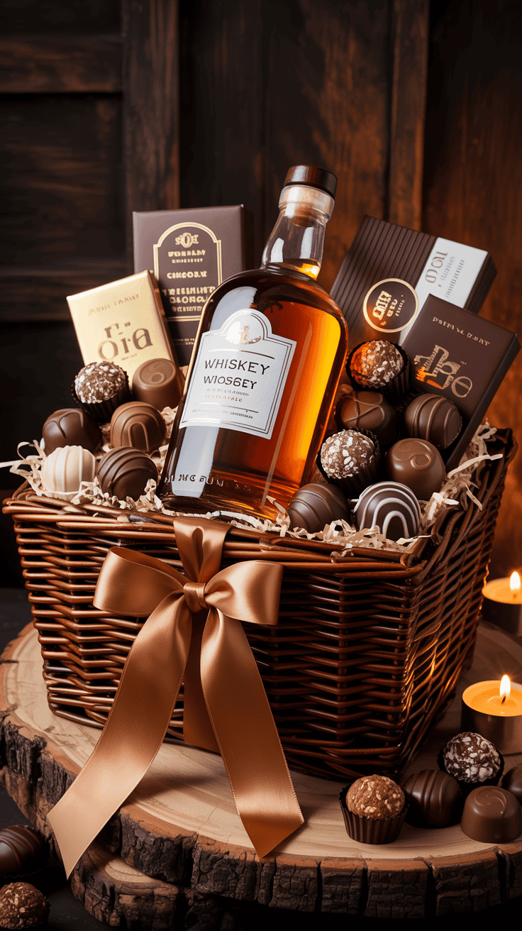 whiskey and gourmet chocolate gift basket