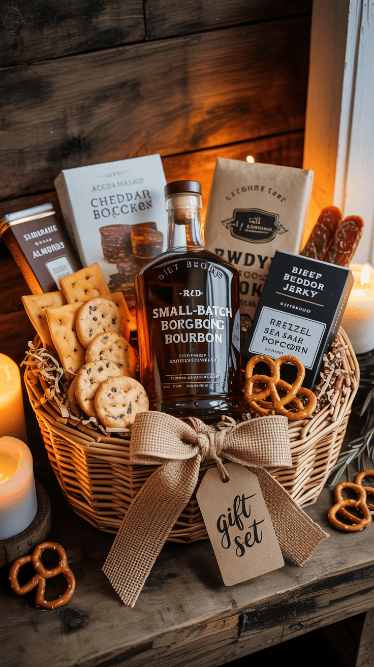 whiskey gift basket ideas with savory snacks and bourbon