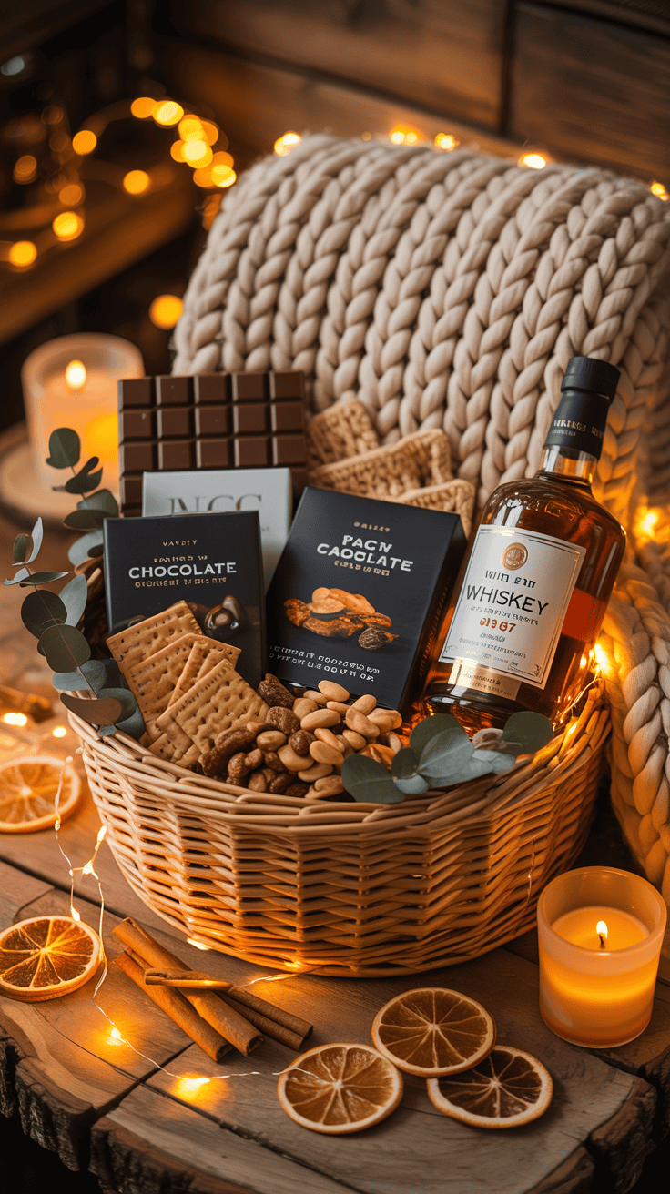 cozy whiskey night gift basket with blanket and snacks