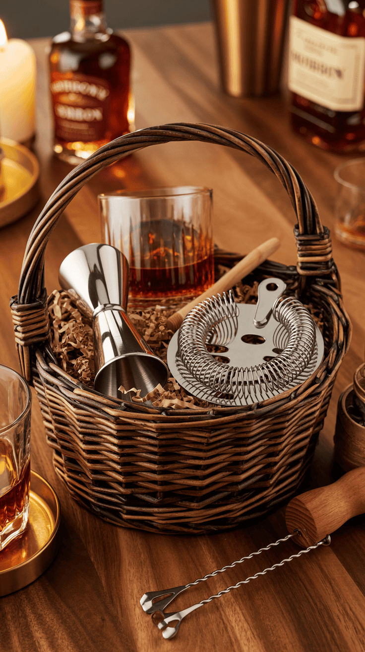 whiskey bar accessories gift basket with jigger and strainer