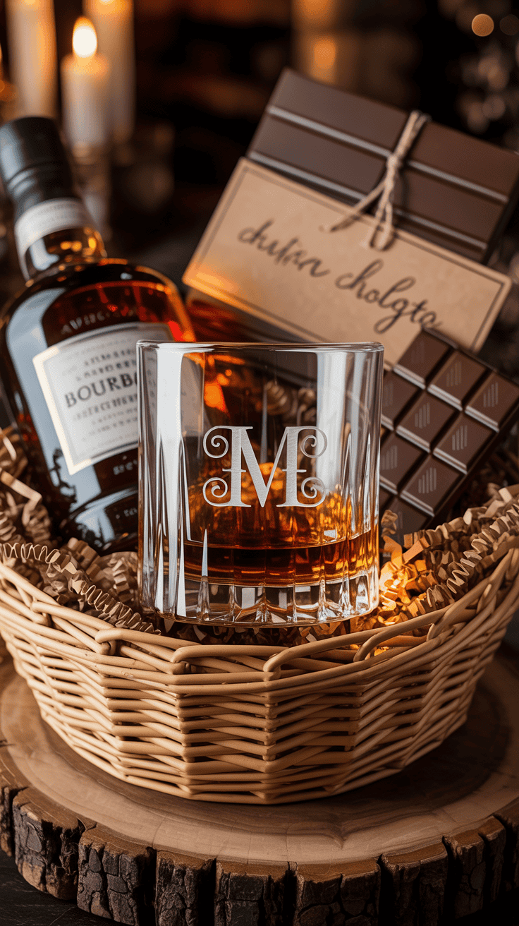 personalized whiskey gift basket with engraved glass