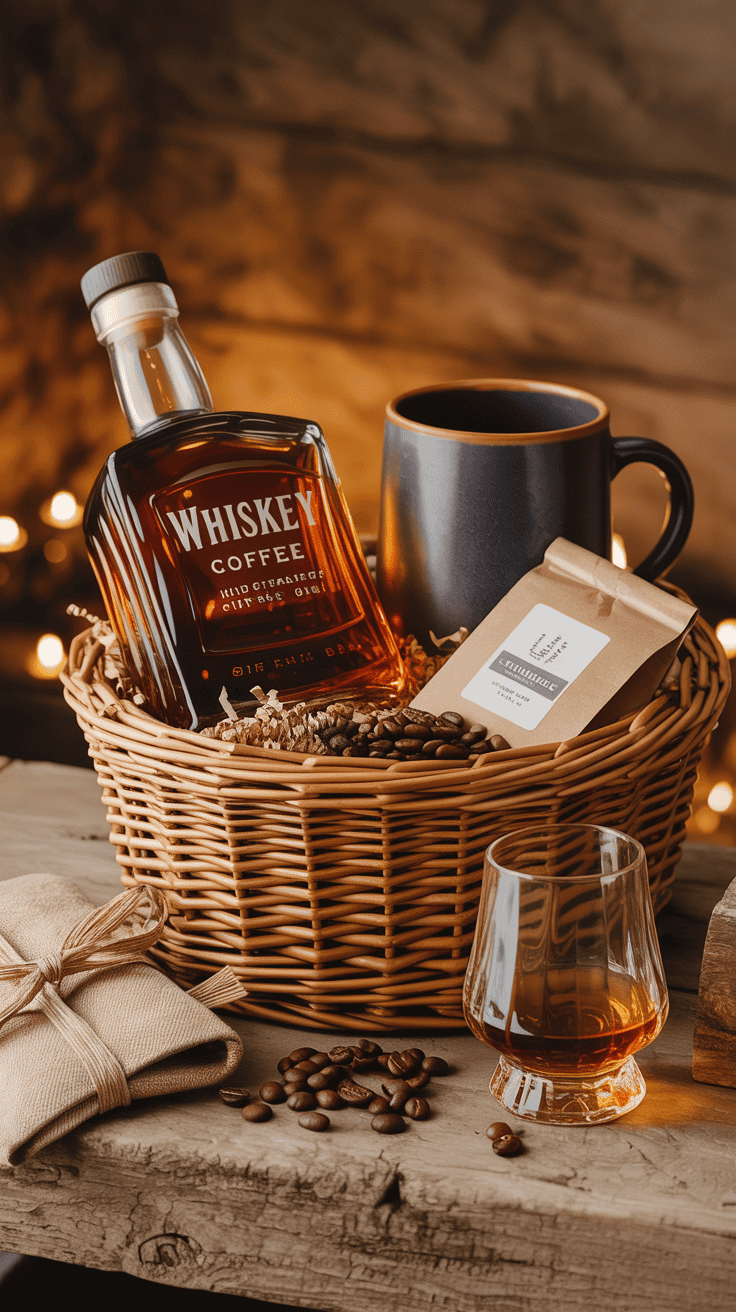 whiskey and coffee gift basket with mug and tasting glass