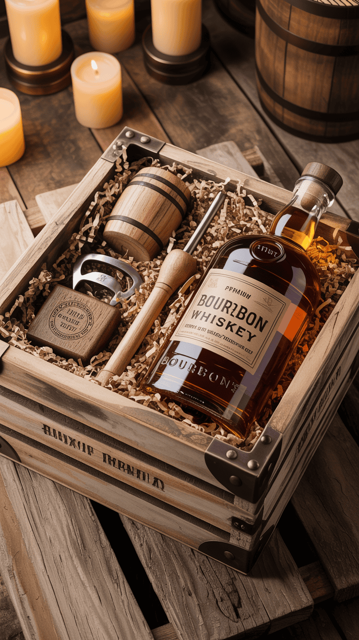 rustic whiskey gift crate with bourbon and wooden accessories