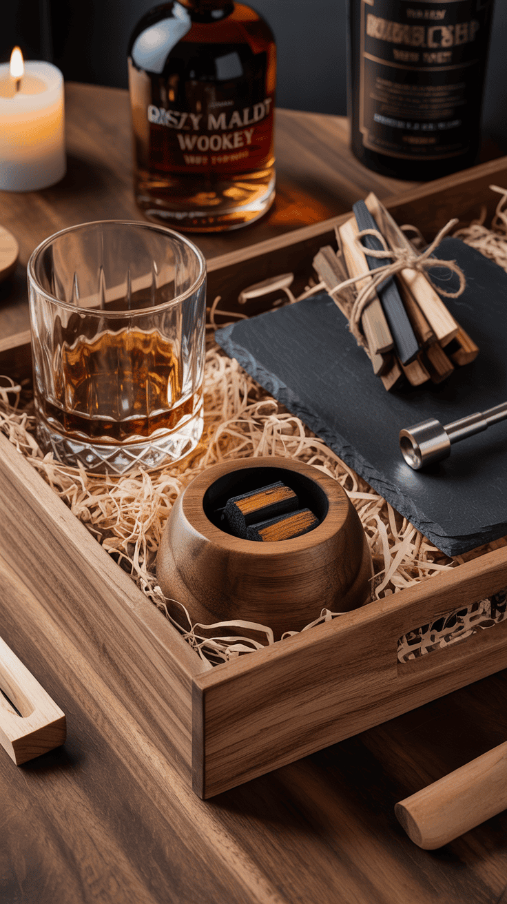 whiskey smoker-inspired gift basket with rocks glass