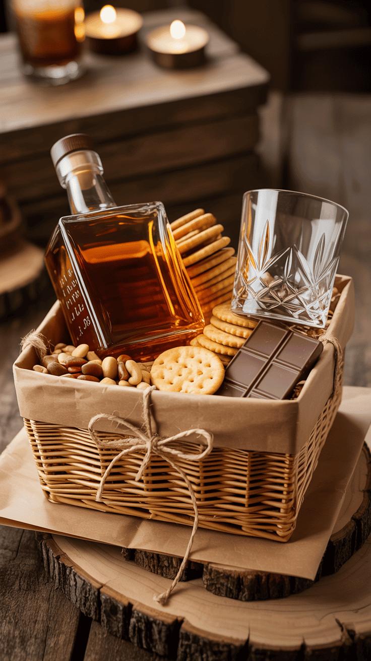 budget-friendly whiskey gift basket with glass and snacks