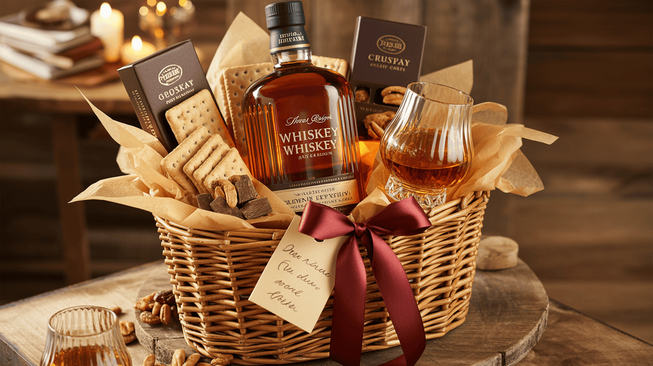 finished whiskey gift basket ready to give
