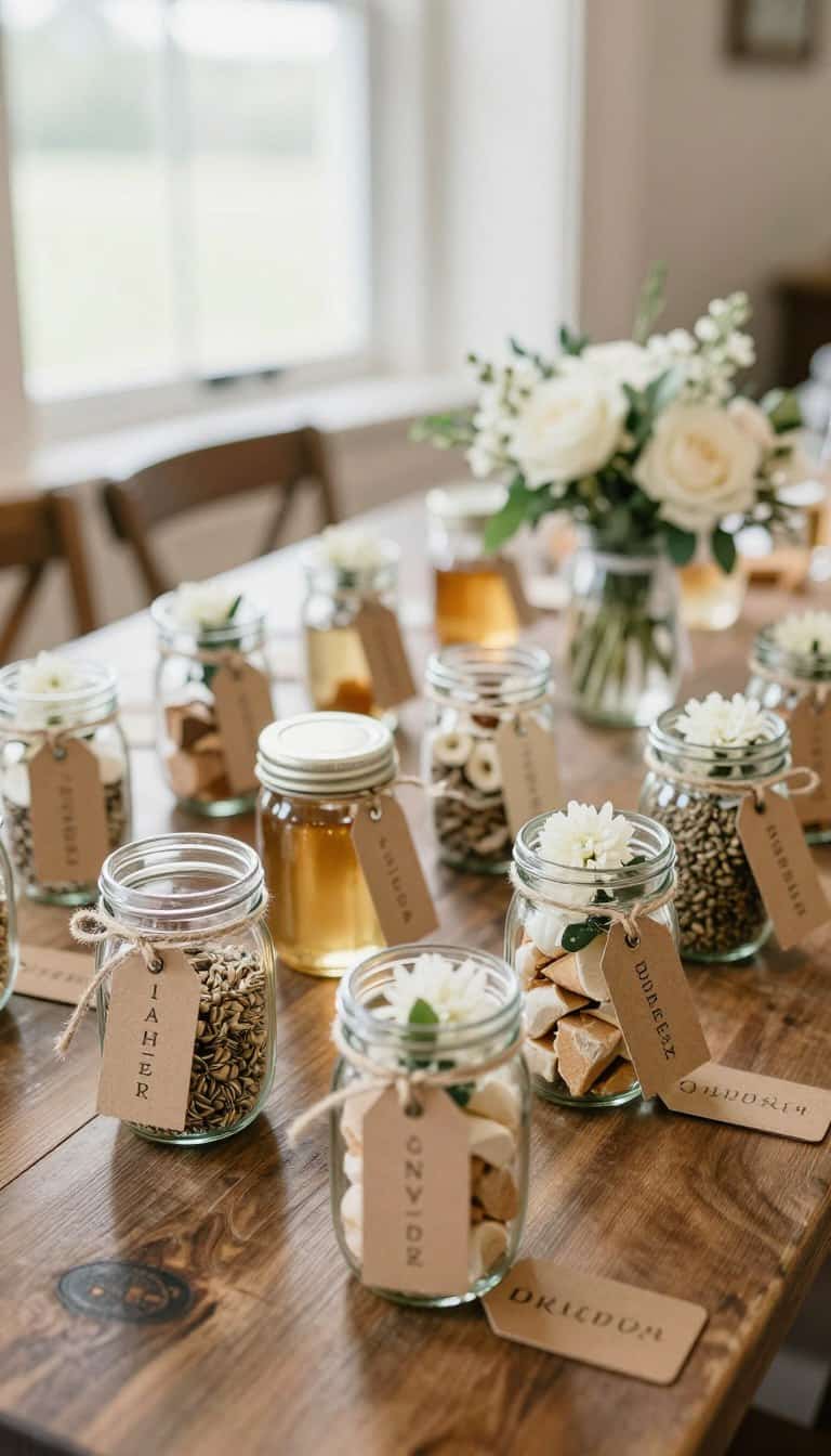 Mason jar wedding favors on a budget arranged on a rustic wedding table