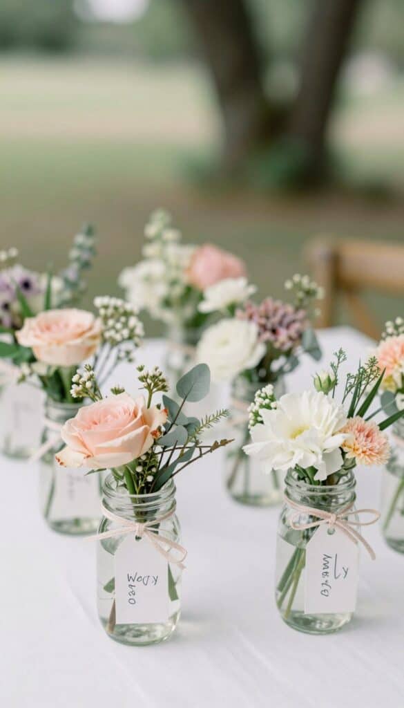 Mini flower mason jar wedding favors on a budget with seasonal blooms