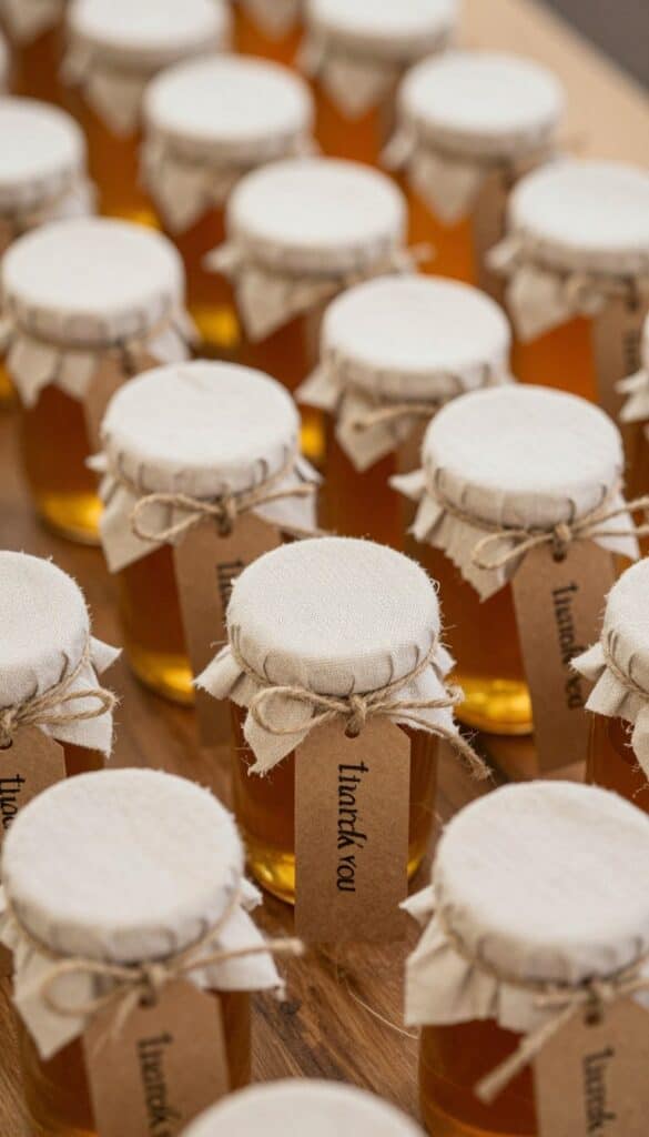 Mini honey mason jar wedding favor with fabric lid cover and twine