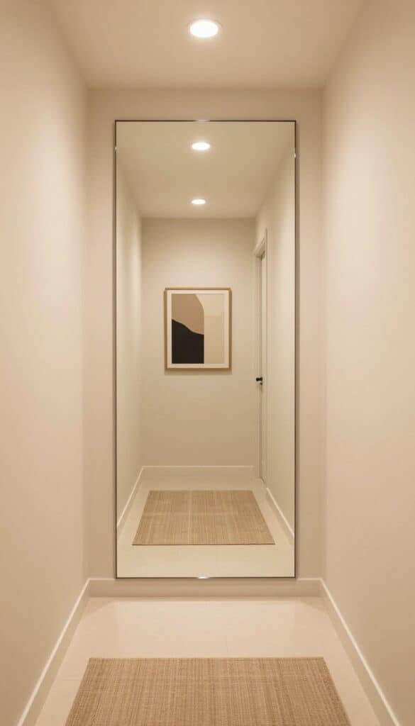 bright narrow hallway made to feel wider with a mirror and light walls