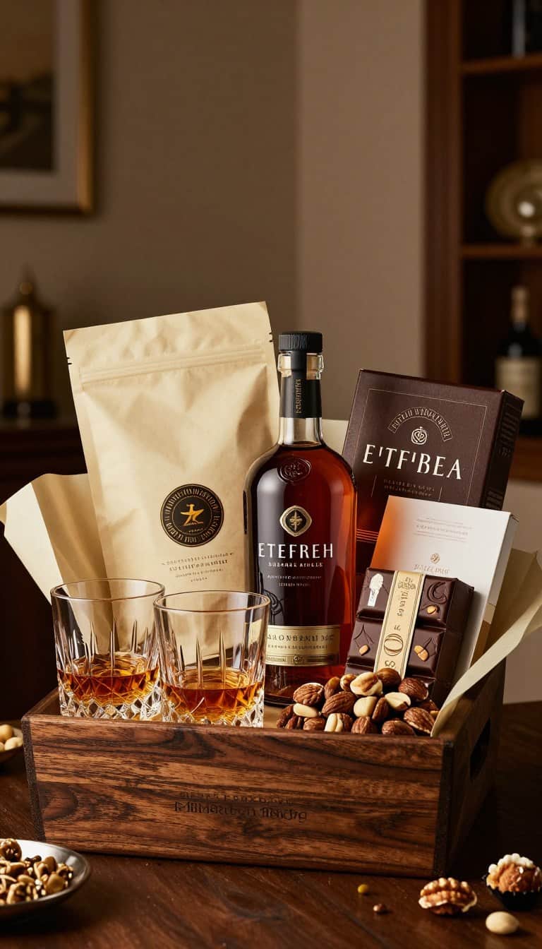 whiskey gift basket ideas with glasses and gourmet snacks