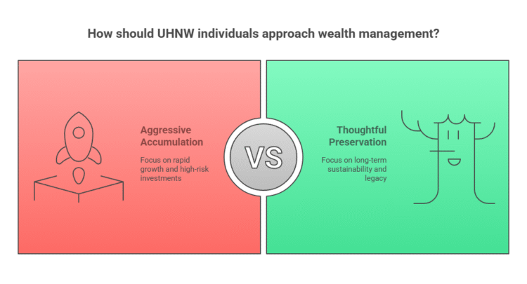 A split image compares "Aggressive Accumulation" with rapid growth to "Thoughtful Preservation" focused on high net worth asset allocation and long-term sustainability in UHNW wealth management.