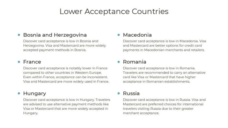Countries that don't accept the Discover card frequently in Europe