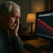 Elderly retiree, brow furrowed, stares at a computer screen flashing a steep red ‘Stock Market Crash’ chart; warm desk lamp contrasts with the cold glow of the plummeting graph, capturing anxiety and uncertainty.