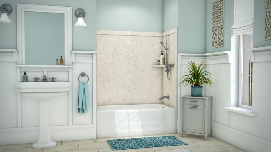 A safe, clean bathroom by Mid State Baths with a walk-in tub, easy sink, and relaxing colors to help you feel comfortable.