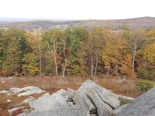 Peaceful view of colorful autumn forest and distant hills, reflecting the natural beauty valued by Mid State Baths.