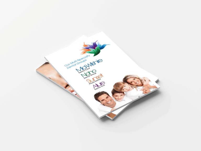 NOHO Dental Group brochure featuring Mid-Wilshire, NOHO, Sunset, and AIRE dental locations with smiling family on the cover