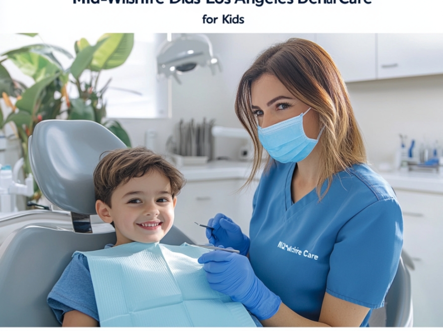 A child smiling in a dental chair with a pediatric dentist at Mid-Wilshire Dental Care in Los Angeles
