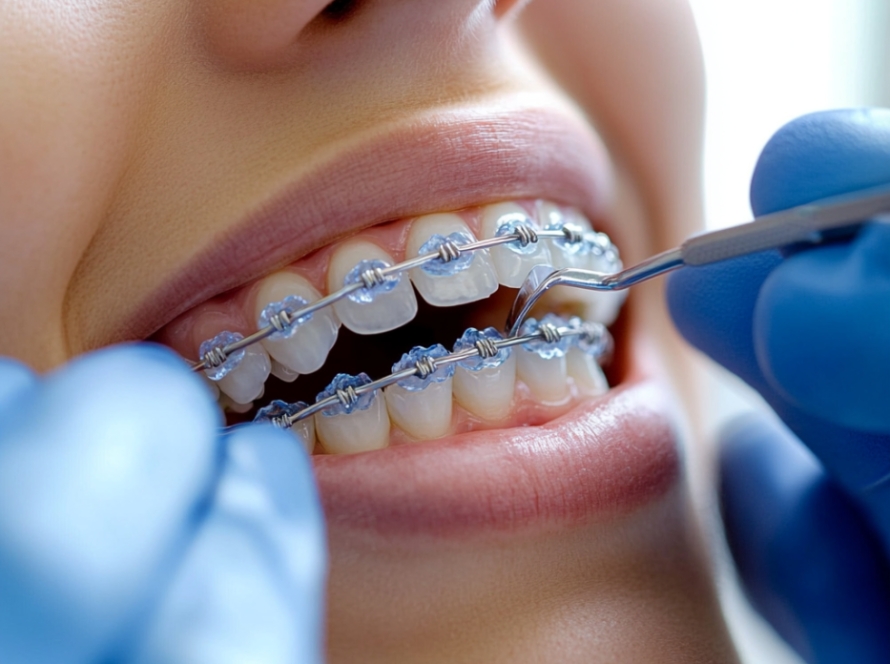 Orthodontist applying braces for adult in Los Angeles