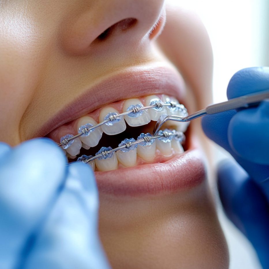 Orthodontist applying braces for adult in Los Angeles