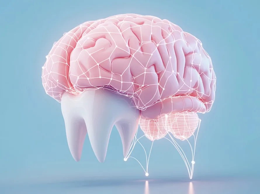 Visual concept showing the oral health and brain connection with nerves linking a human brain to healthy white teeth