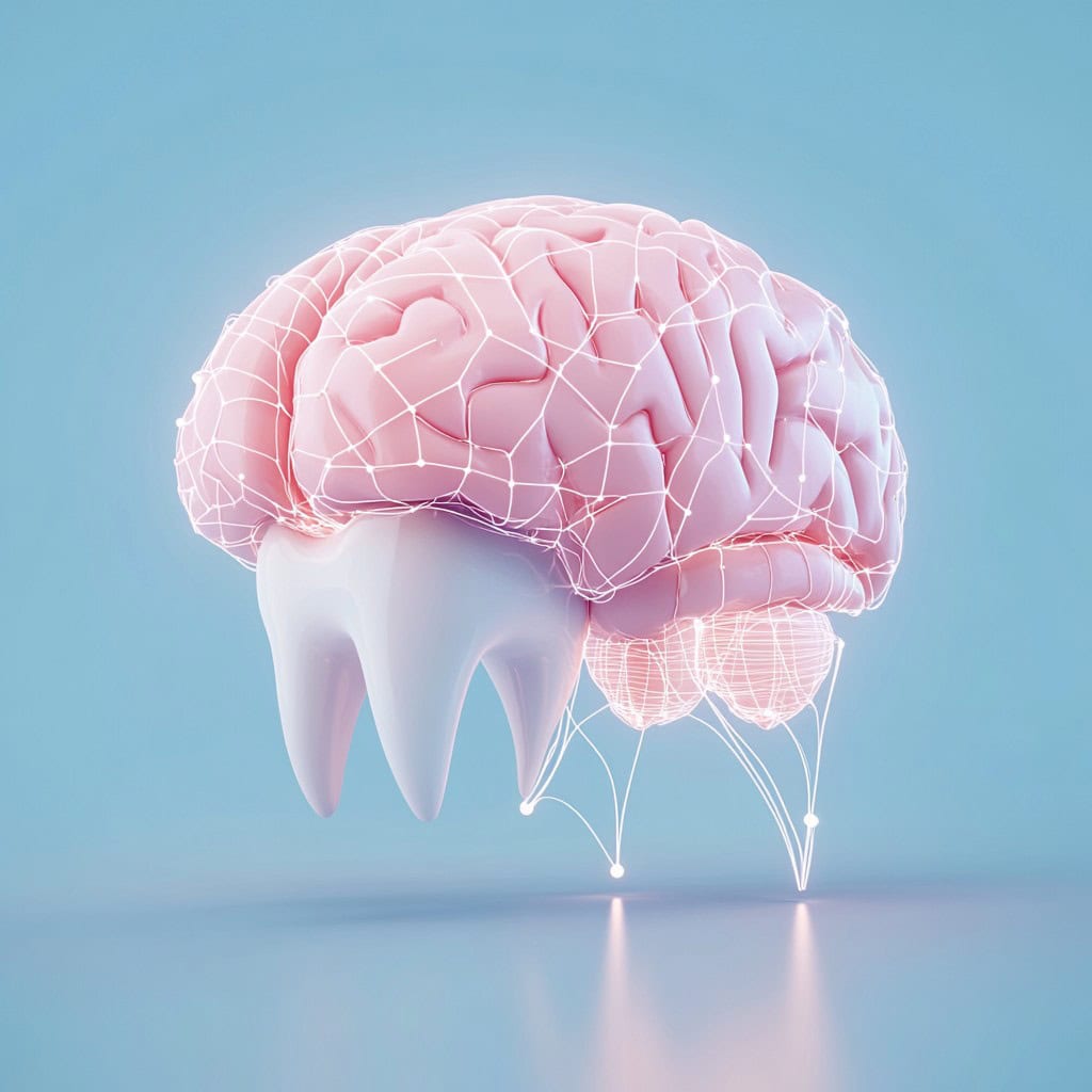 Visual concept showing the oral health and brain connection with nerves linking a human brain to healthy white teeth