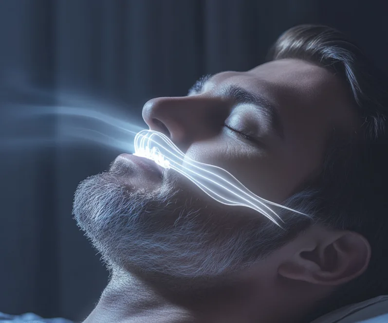 Patient sleeping comfortably with a custom dental oral appliance in Los Angeles